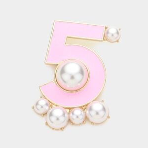 Pink Gold Pearl Number 5 Brooch Pin Lady White Cute Fashion Statement Accessory